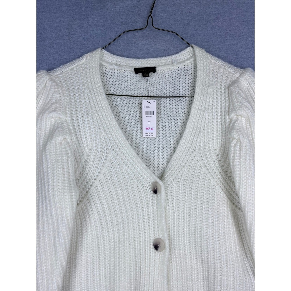 Current Air Anthropologie‎ Ivory Puff Shoulder Ribbed Knit Cropped Cardigan L